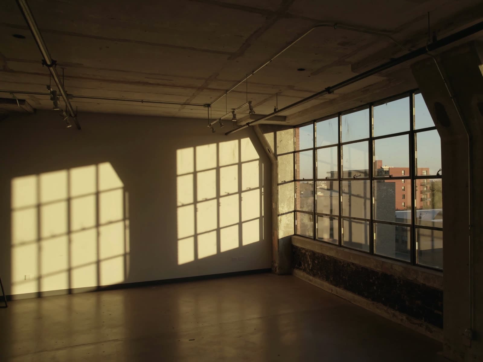 The studio at golden hour, the window grid thrown across the wall in warm light beside the south-facing windows